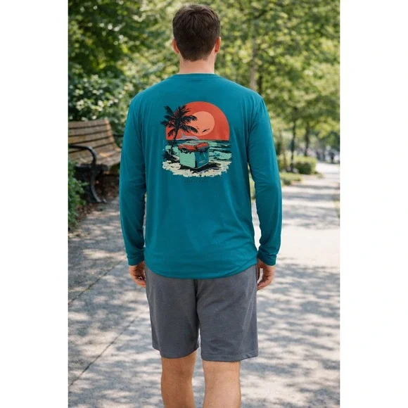 Reel Life Jax Beach UPF50 Tee Mens Large Teal Long Sleeve Graphic Performance - Picture 2 of 16